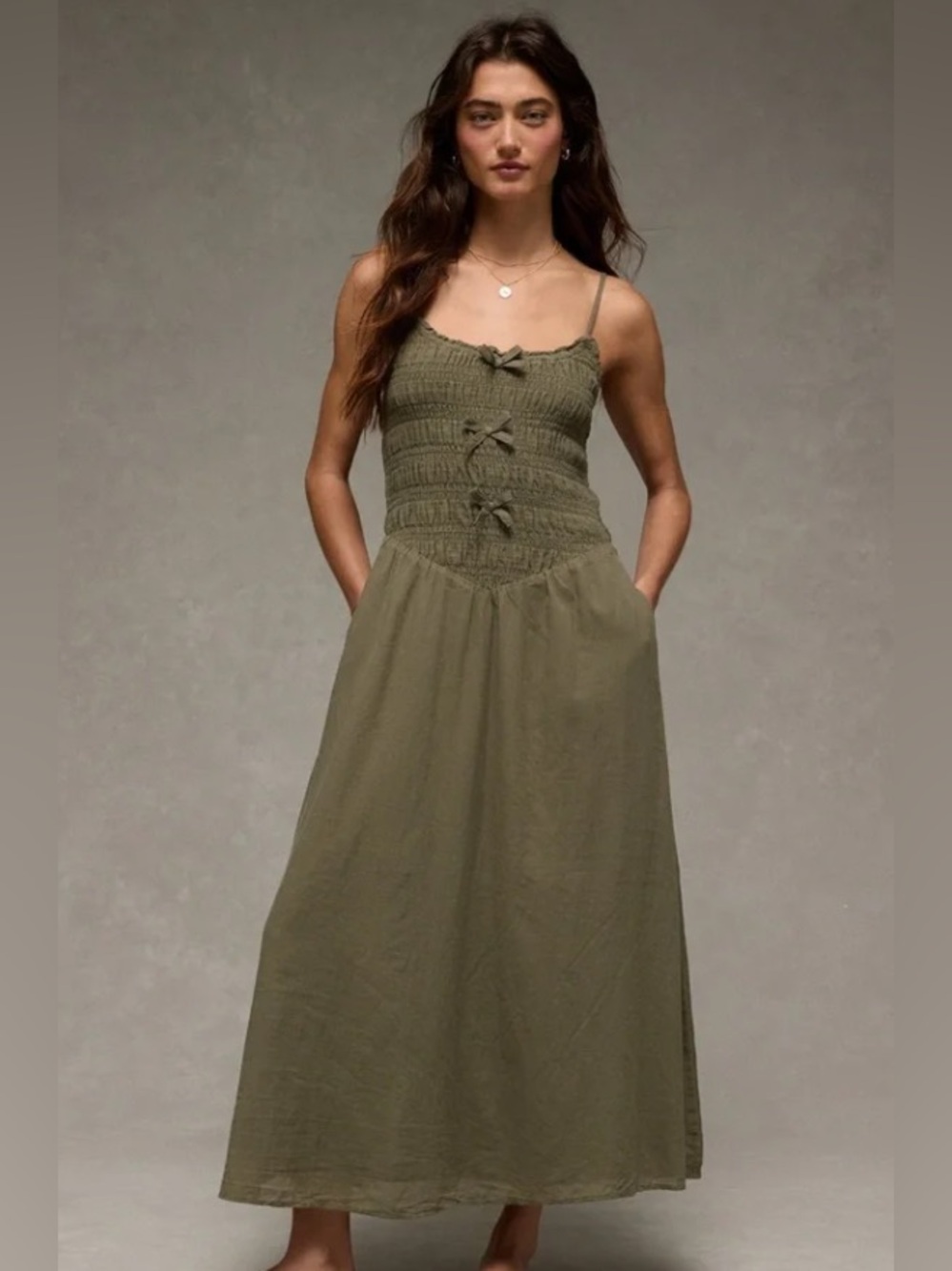 American Eagle Bella Bow Midi Smocked Bodice Dress in Olive Cottagecore Size S
